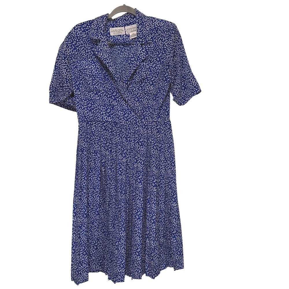 Liz Petites Dress Women SZ 8  Polka Dot Pleated Midi Short Sleeve Retro